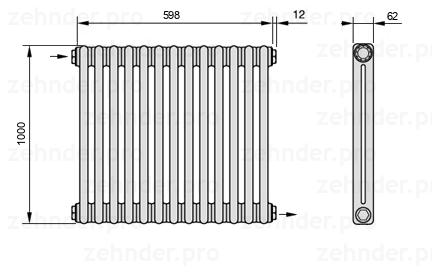 Схема (чертеж) Радиатор Zehnder Charleston 2100/13 №1670 Белый глянцевый RAL 9016